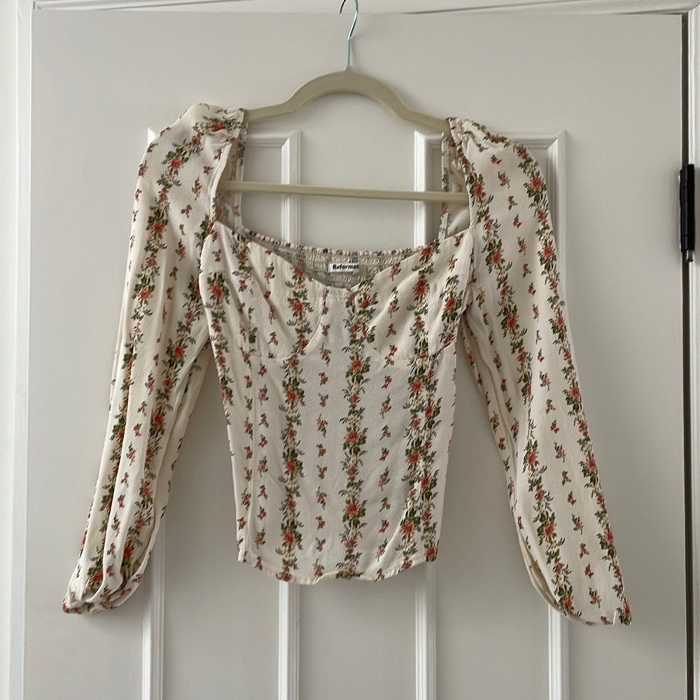 Reformation Cream Floral Puff-Sleeve Blouse